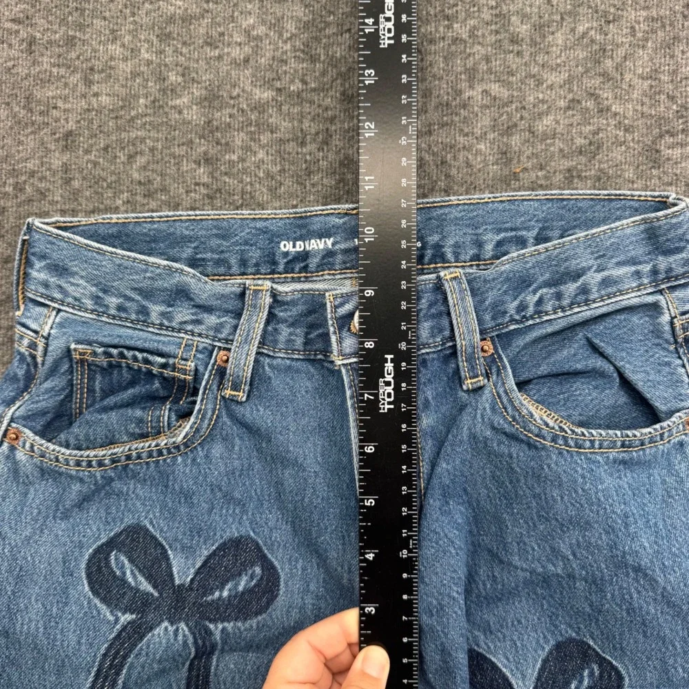 Old Navy Girls 12 Mid Rise Baggy Barrel Leg Jeans Blue Bow Print Coquette Denim